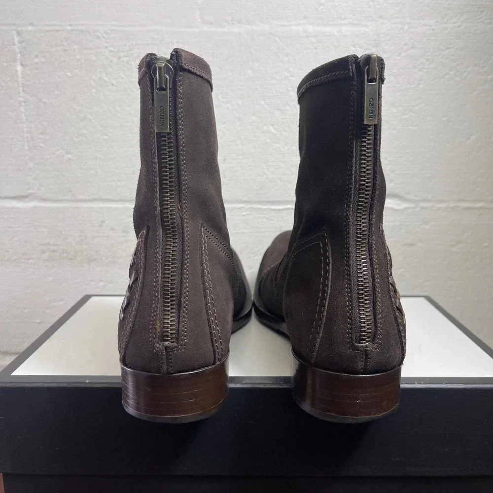 KENZO Ankle Boots Cap Toe Woven‎ Dark Brown Suede Back Zip Men's Size 7 UK/8 US